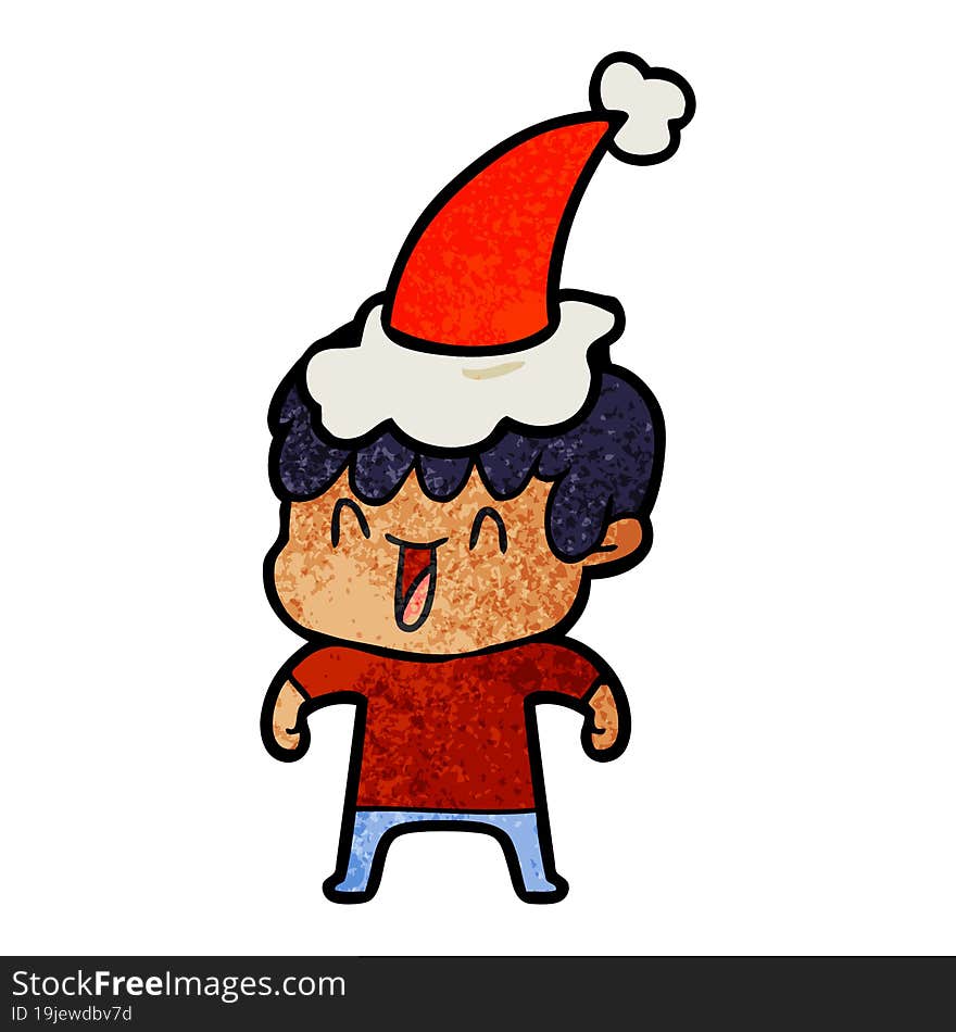 hand drawn textured cartoon of a laughing boy wearing santa hat