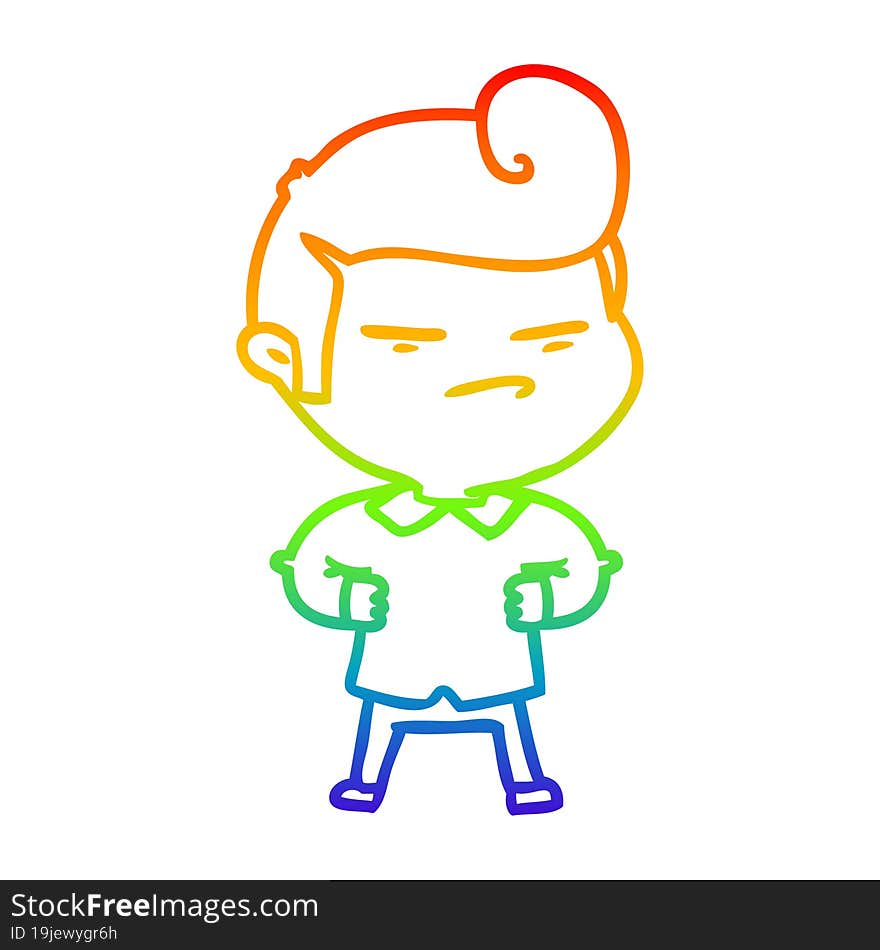 rainbow gradient line drawing of a cartoon cool guy with fashion hair cut