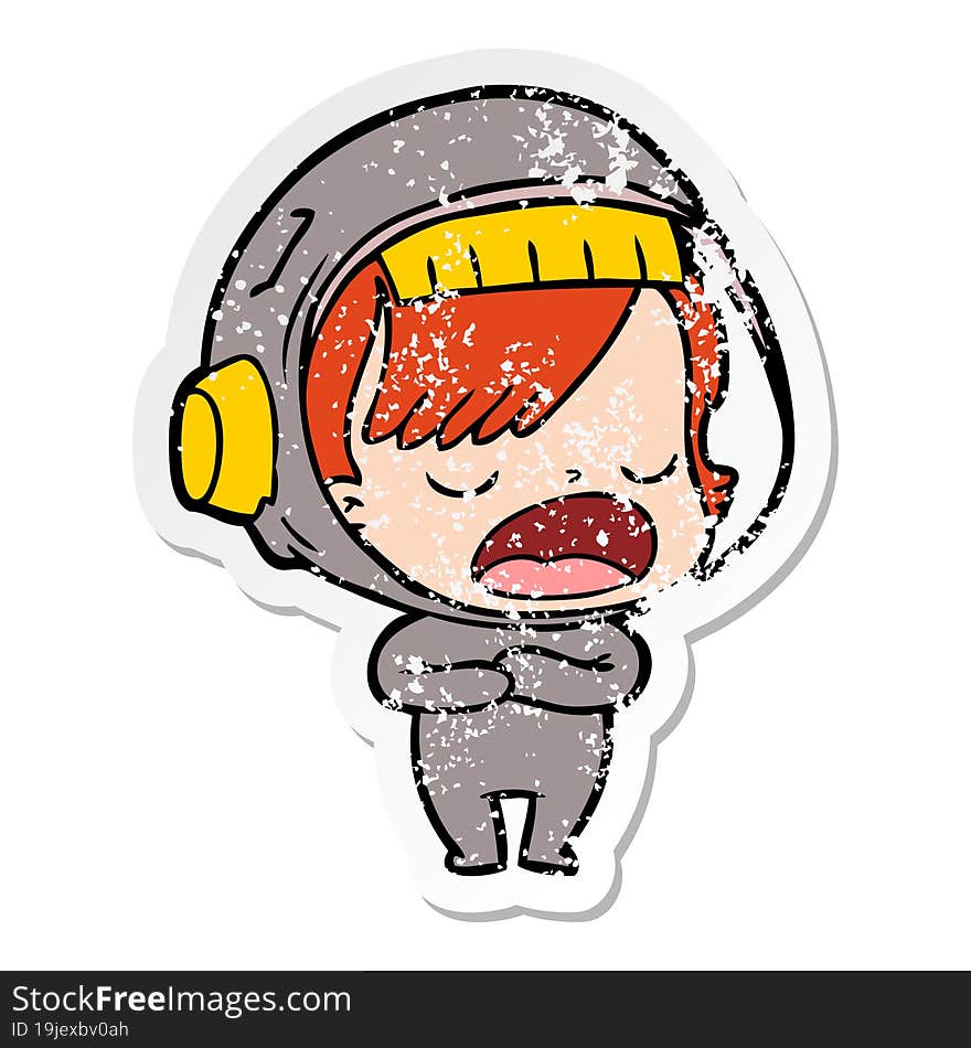 distressed sticker of a cartoon astronaut woman explaining