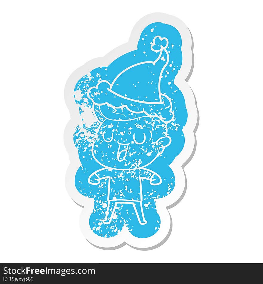 Happy Cartoon Distressed Sticker Of A Man Wearing Santa Hat