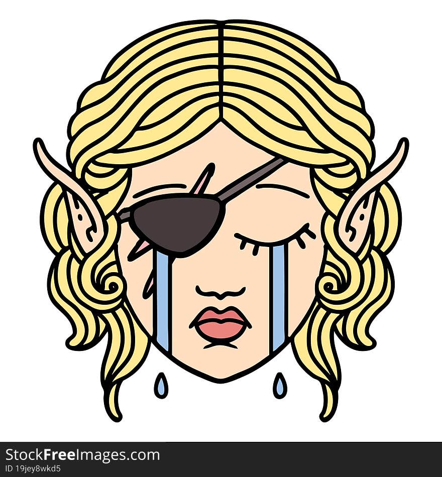 Retro Tattoo Style crying elf rogue character face. Retro Tattoo Style crying elf rogue character face