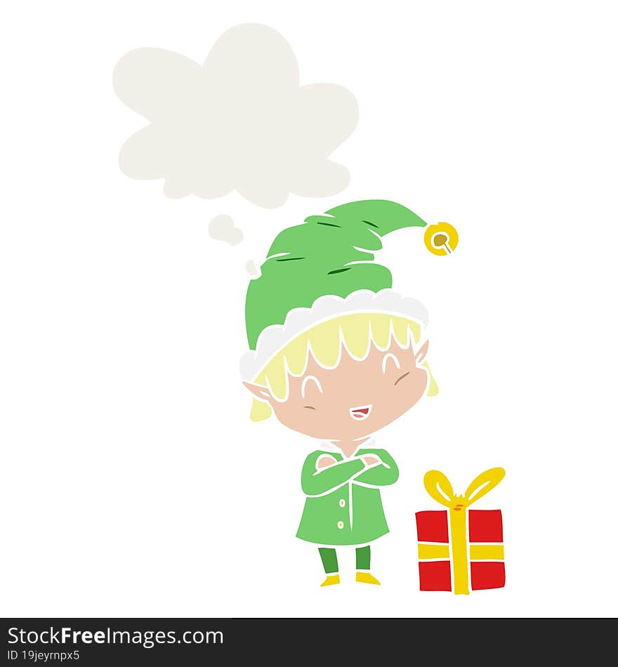 cartoon happy christmas elf and thought bubble in retro style