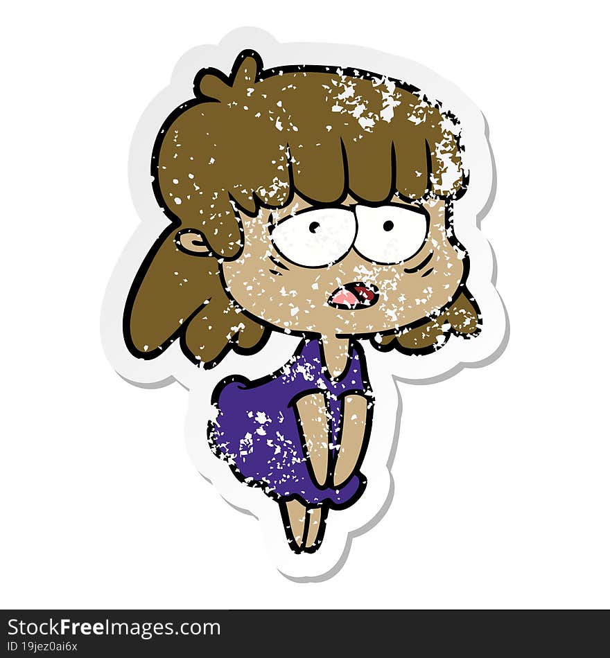 distressed sticker of a cartoon tired woman