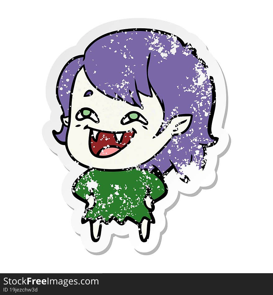 distressed sticker of a cartoon laughing vampire girl