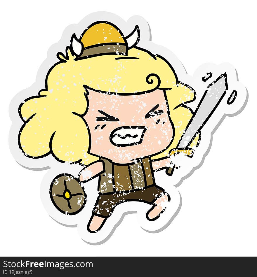 distressed sticker cartoon of kawaii viking child