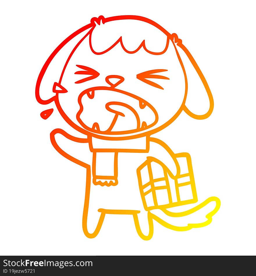 warm gradient line drawing cute cartoon dog with christmas present