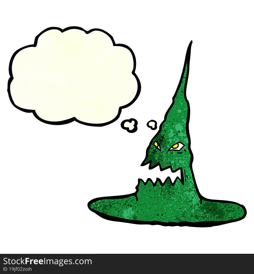 cartoon spooky witches hat with thought bubble