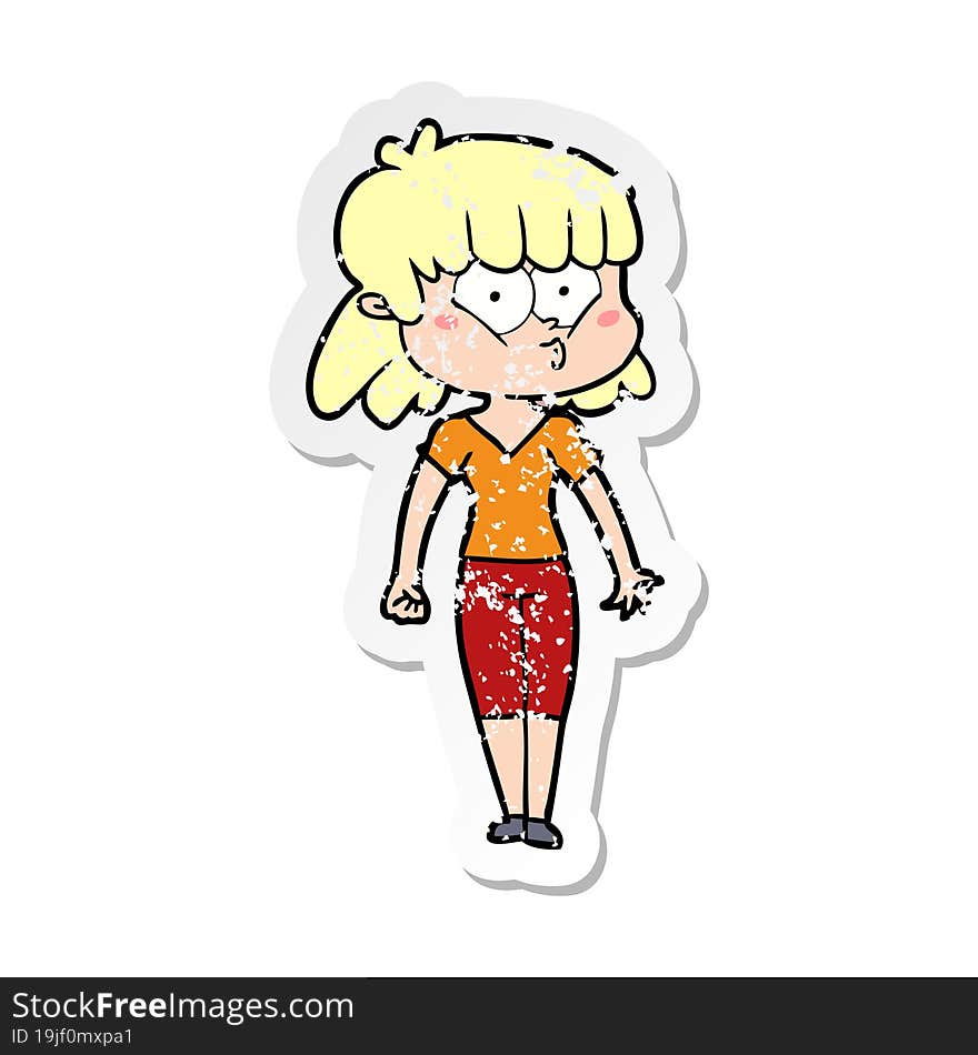 distressed sticker of a cartoon whistling girl