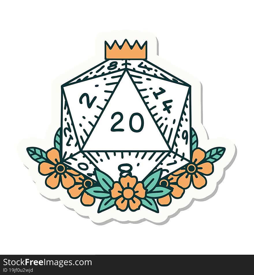 Natural 20 D20 Dice Roll With Floral Elements Sticker