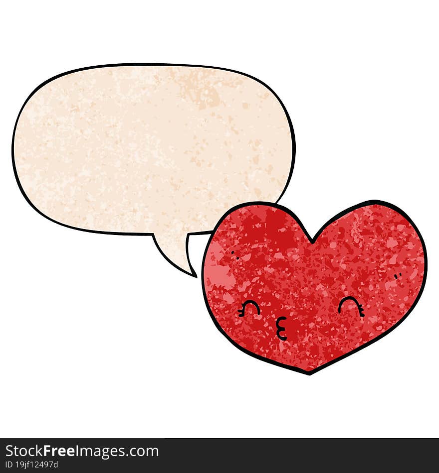 cartoon heart and face and speech bubble in retro texture style