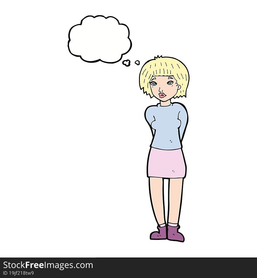 cartoon shy woman with thought bubble