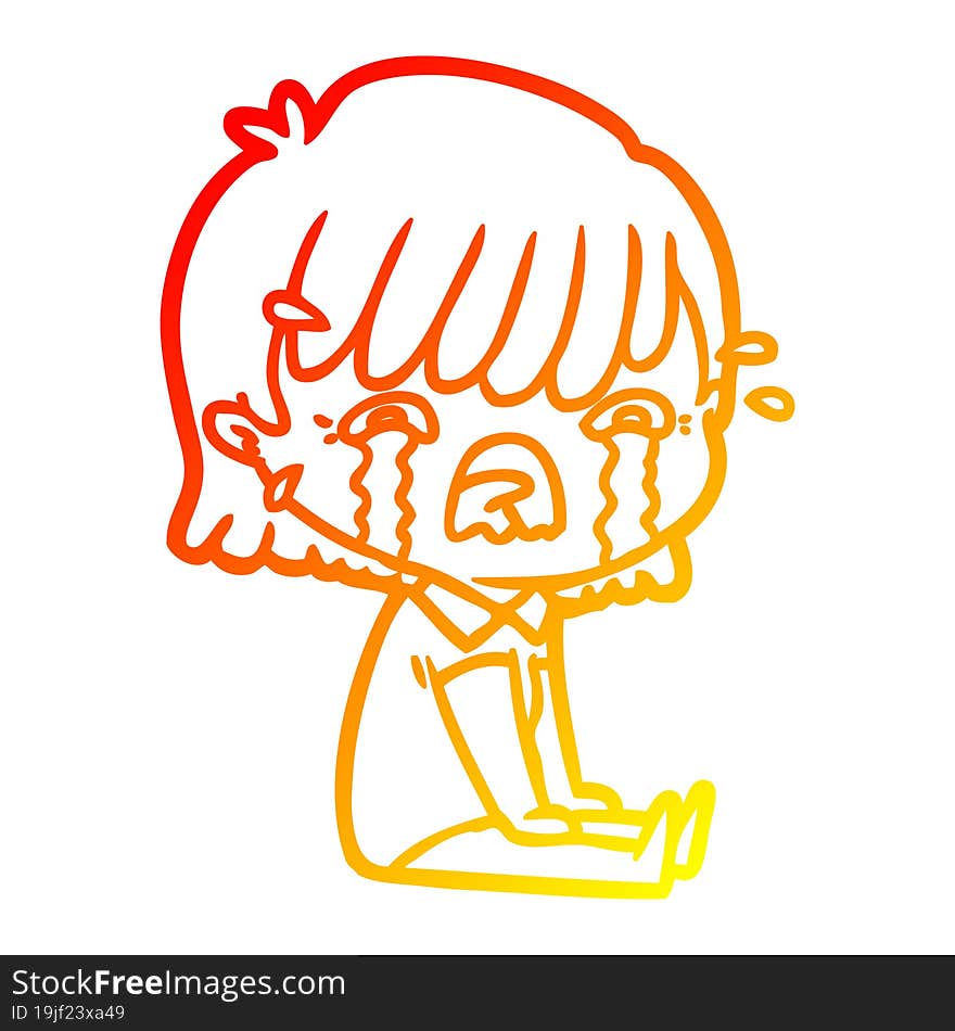 warm gradient line drawing of a cartoon girl crying