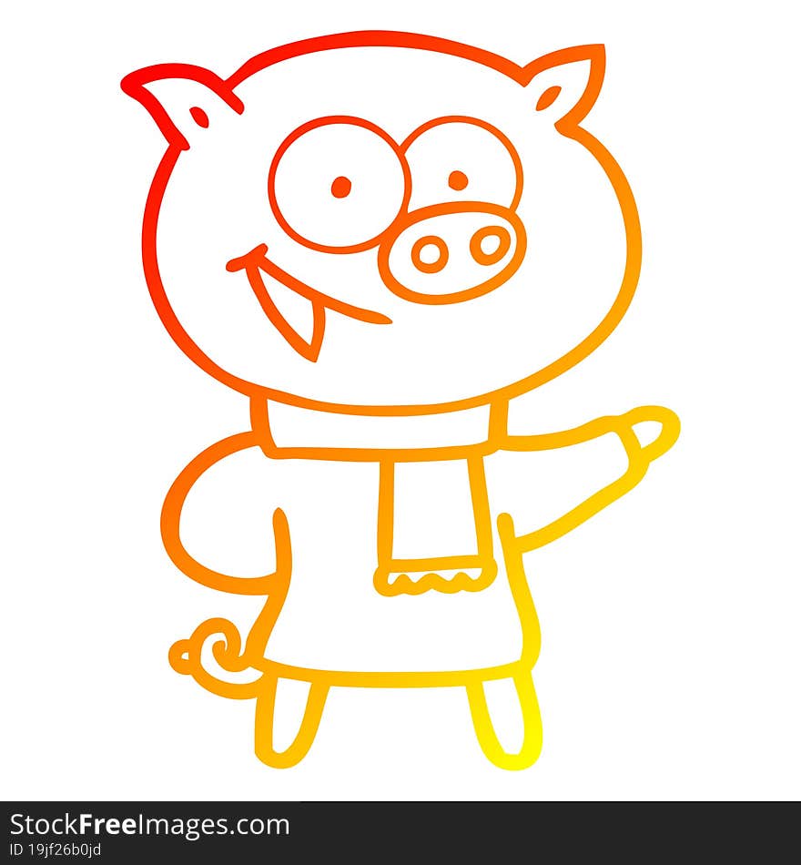 warm gradient line drawing of a cheerful pig wearing winter clothes cartoon