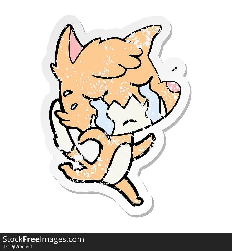 distressed sticker of a crying fox cartoon