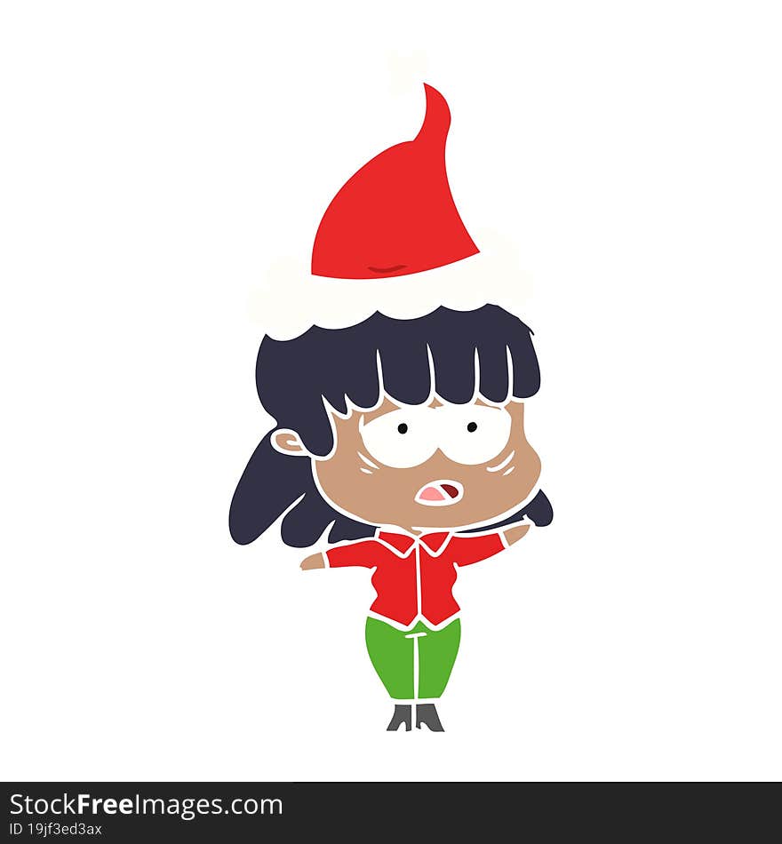 flat color illustration of a tired woman wearing santa hat