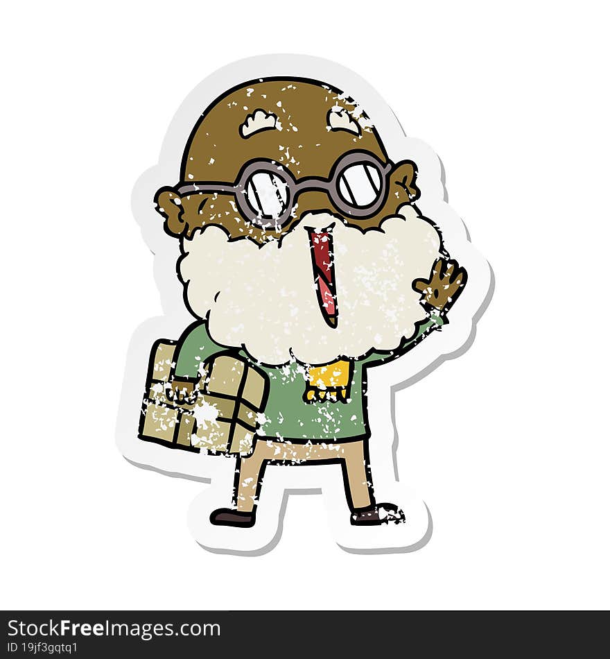 distressed sticker of a cartoon joyful man with beard and parcel under arm