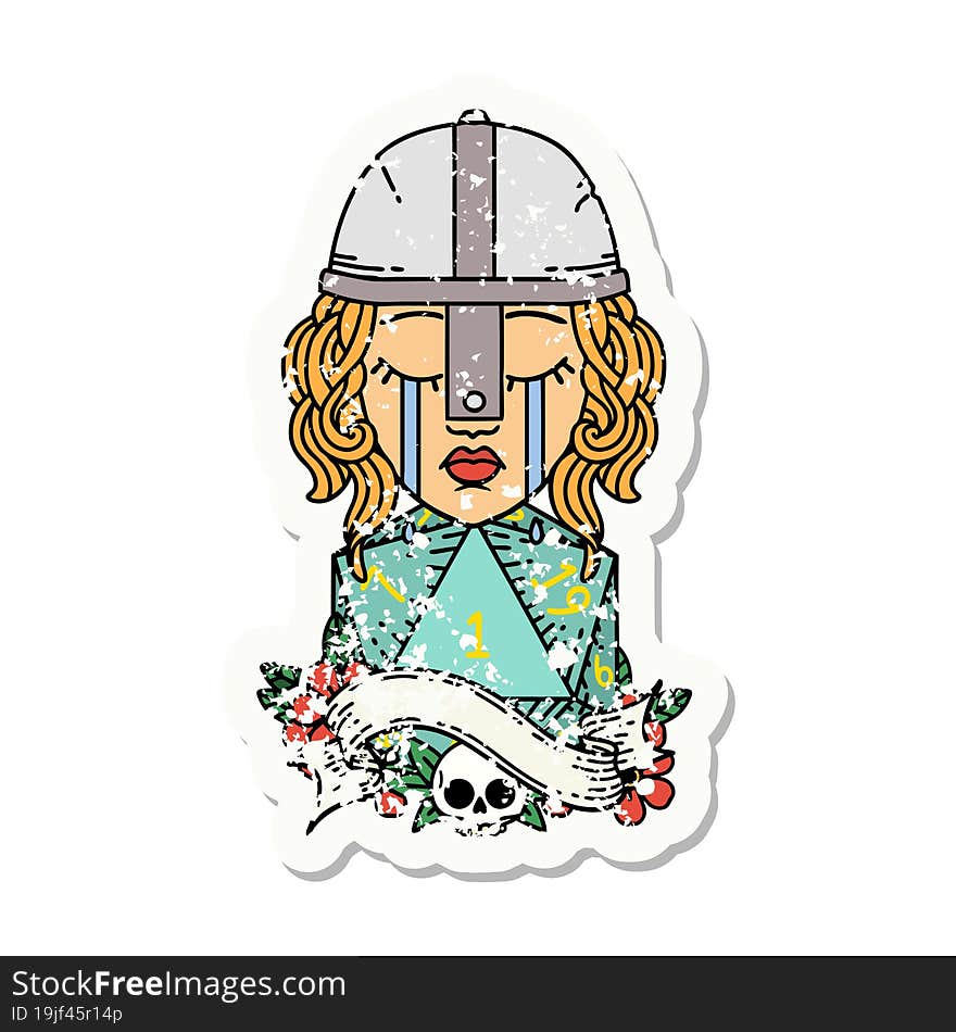 crying human fighter with natural one D20 dice roll grunge sticker