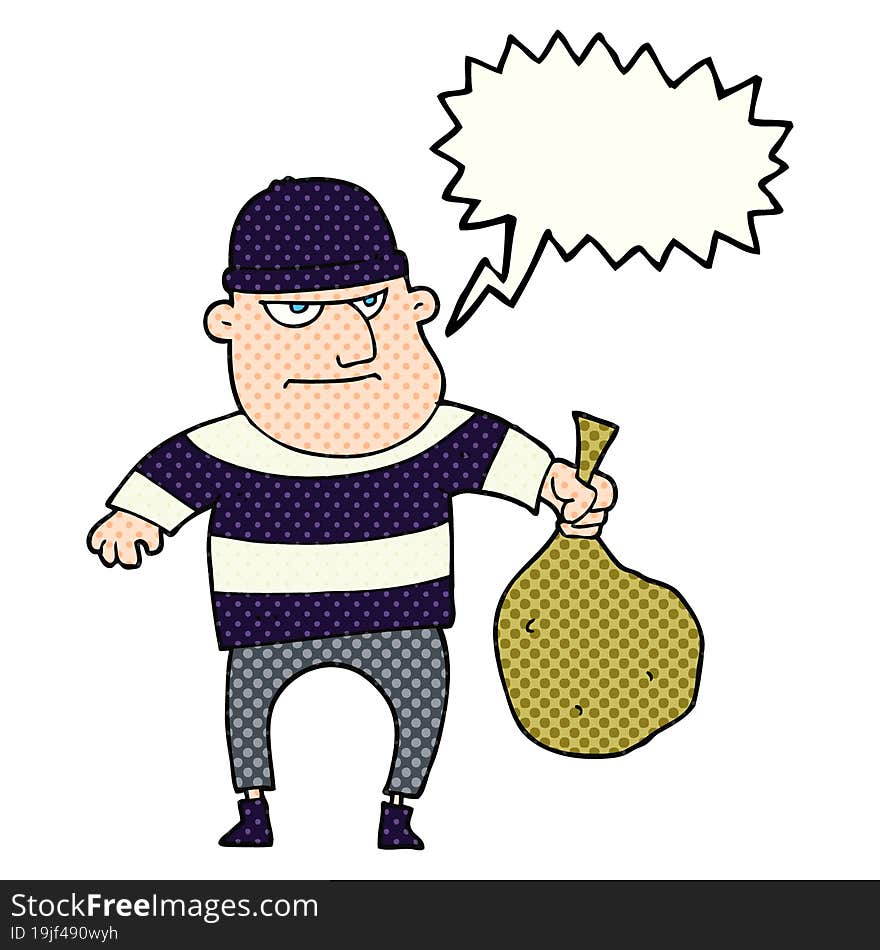 comic book speech bubble cartoon burglar with loot bag