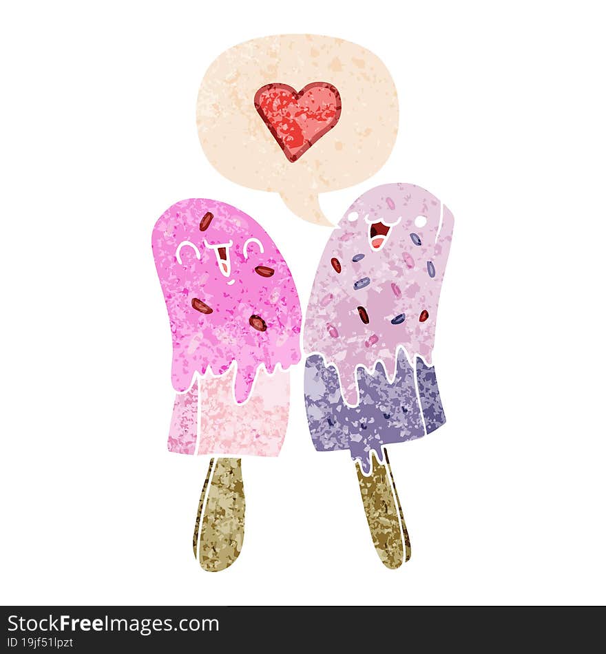 cartoon ice lolly in love and speech bubble in retro textured style