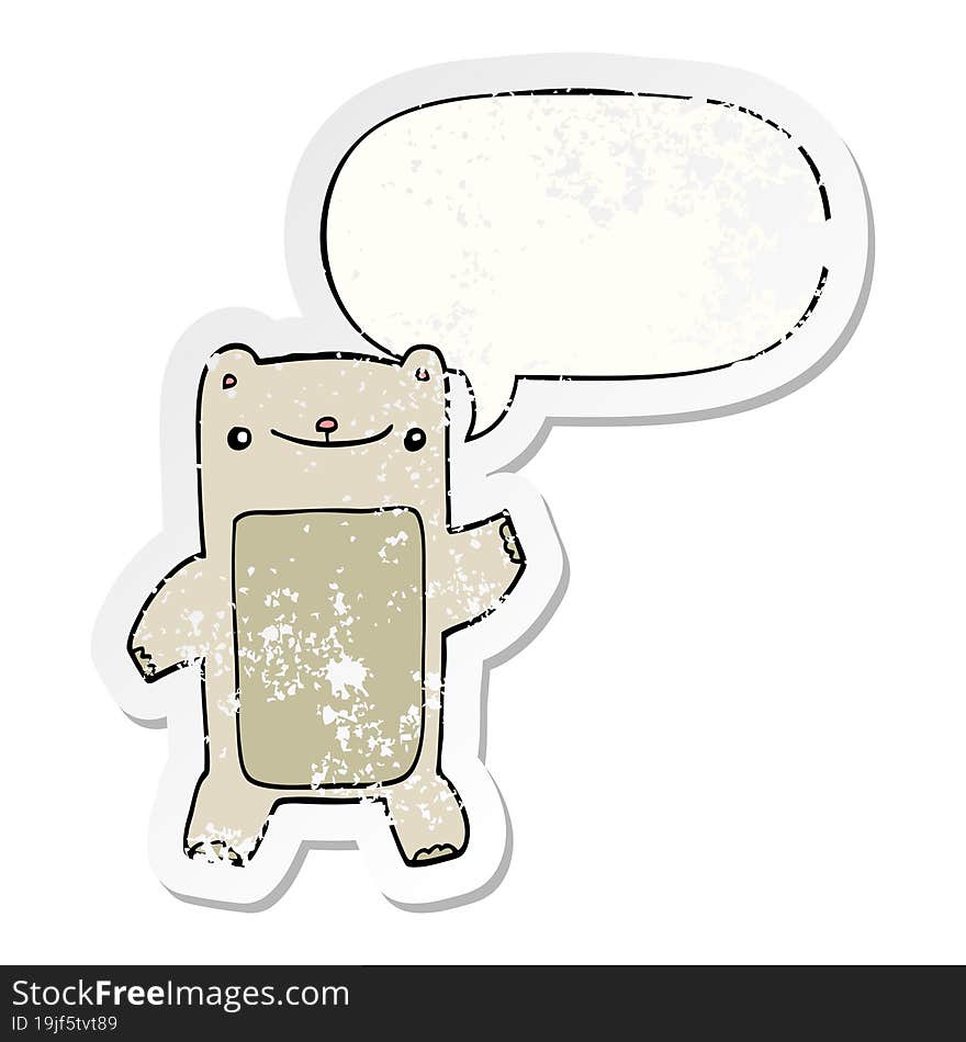 cartoon teddy bear with speech bubble distressed distressed old sticker. cartoon teddy bear with speech bubble distressed distressed old sticker