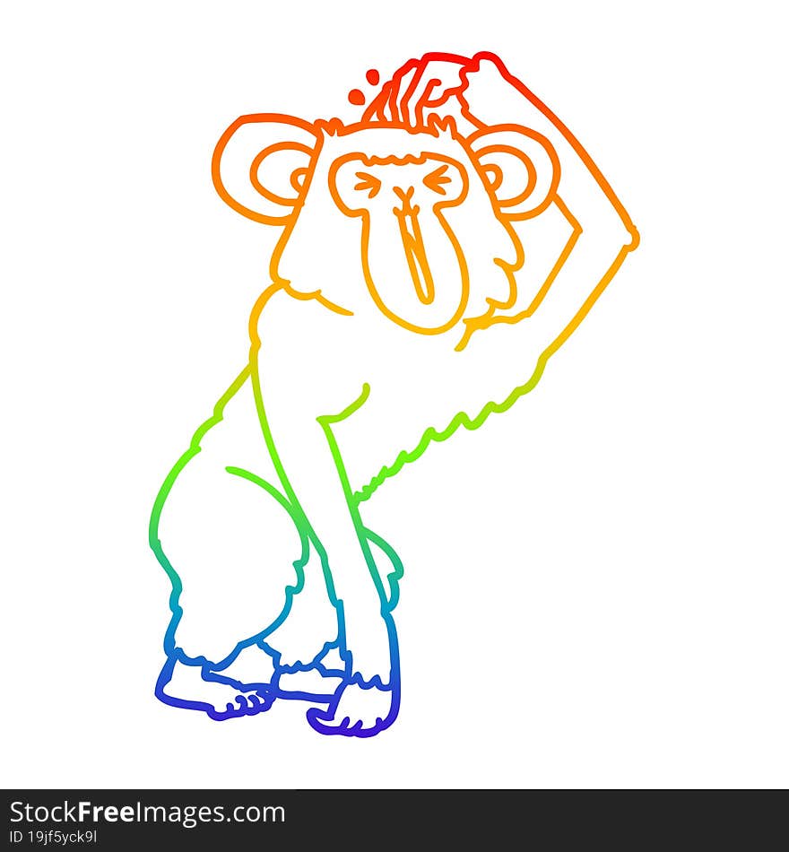 rainbow gradient line drawing cartoon chimp scratching head