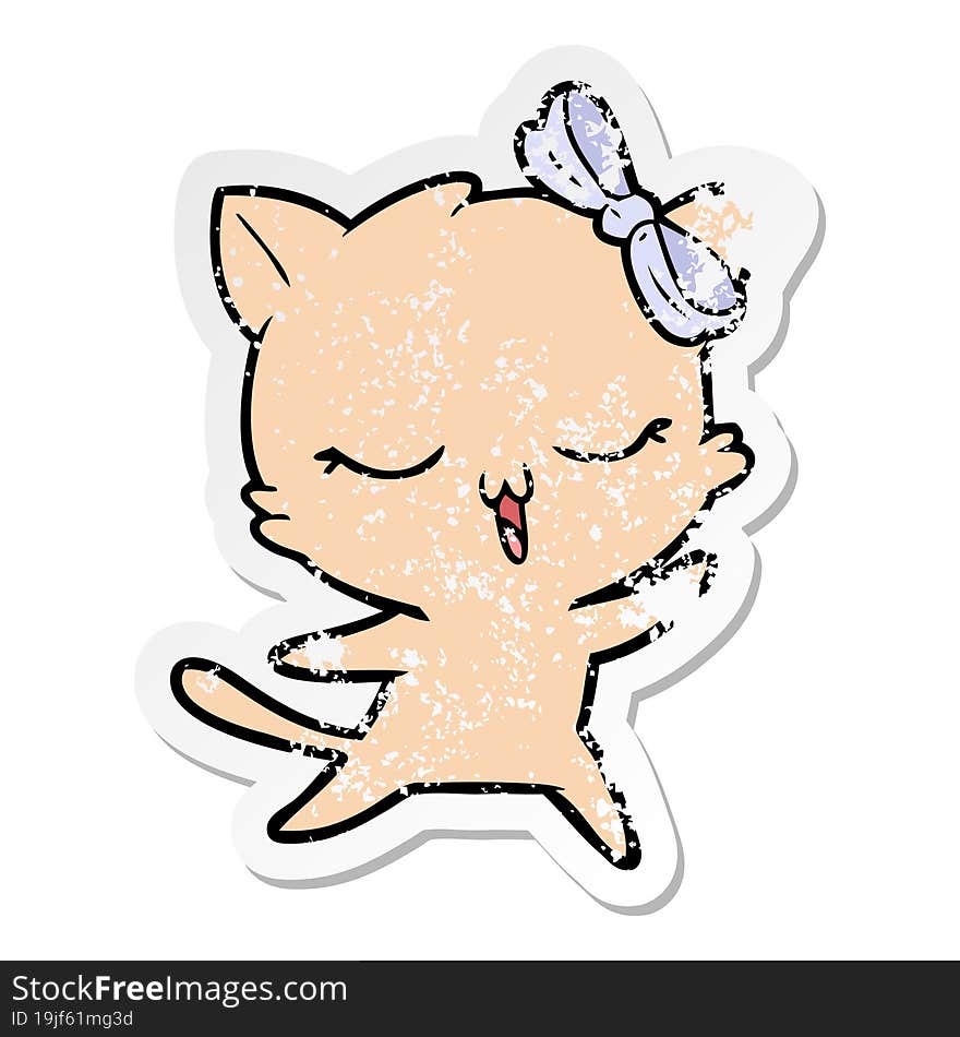 distressed sticker of a cartoon dancing cat with bow on head