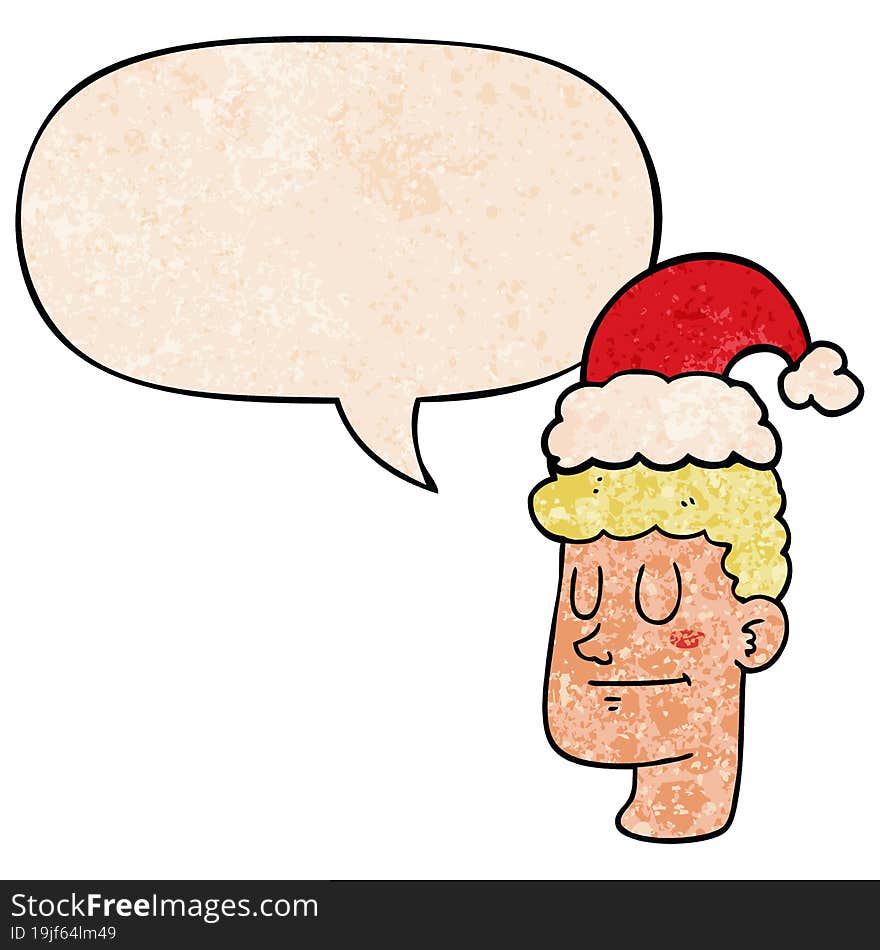 cartoon man wearing christmas hat and speech bubble in retro texture style