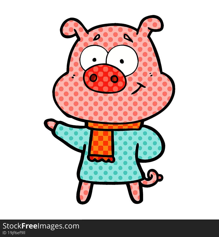 happy cartoon pig wearing warm clothes. happy cartoon pig wearing warm clothes