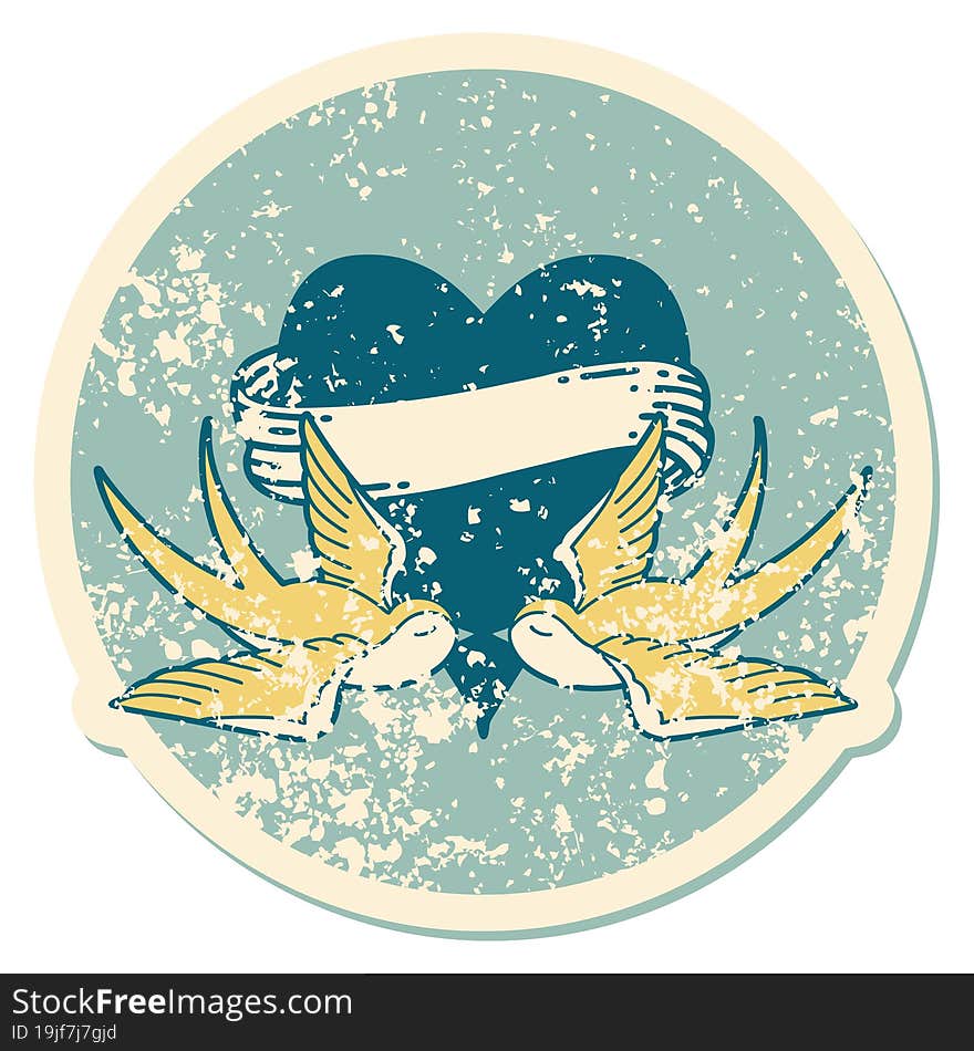 Distressed Sticker Tattoo Style Icon Of A Swallows And A Heart With Banner