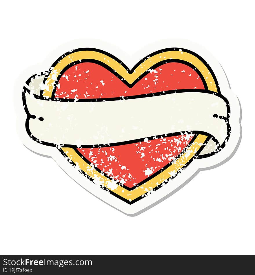 distressed sticker tattoo in traditional style of a heart and banner. distressed sticker tattoo in traditional style of a heart and banner