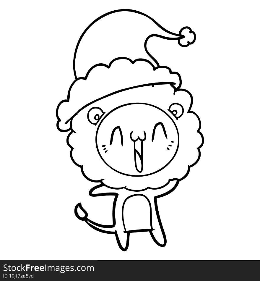 happy line drawing of a lion wearing santa hat