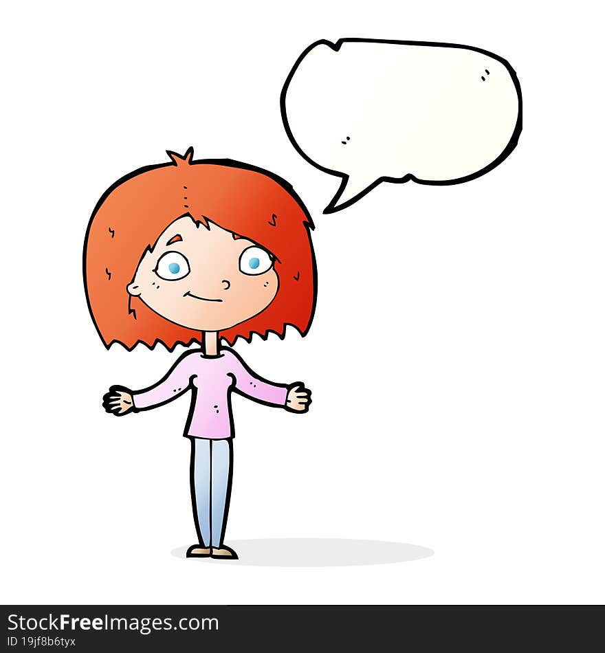 cartoon woman shrugging shoulders with speech bubble