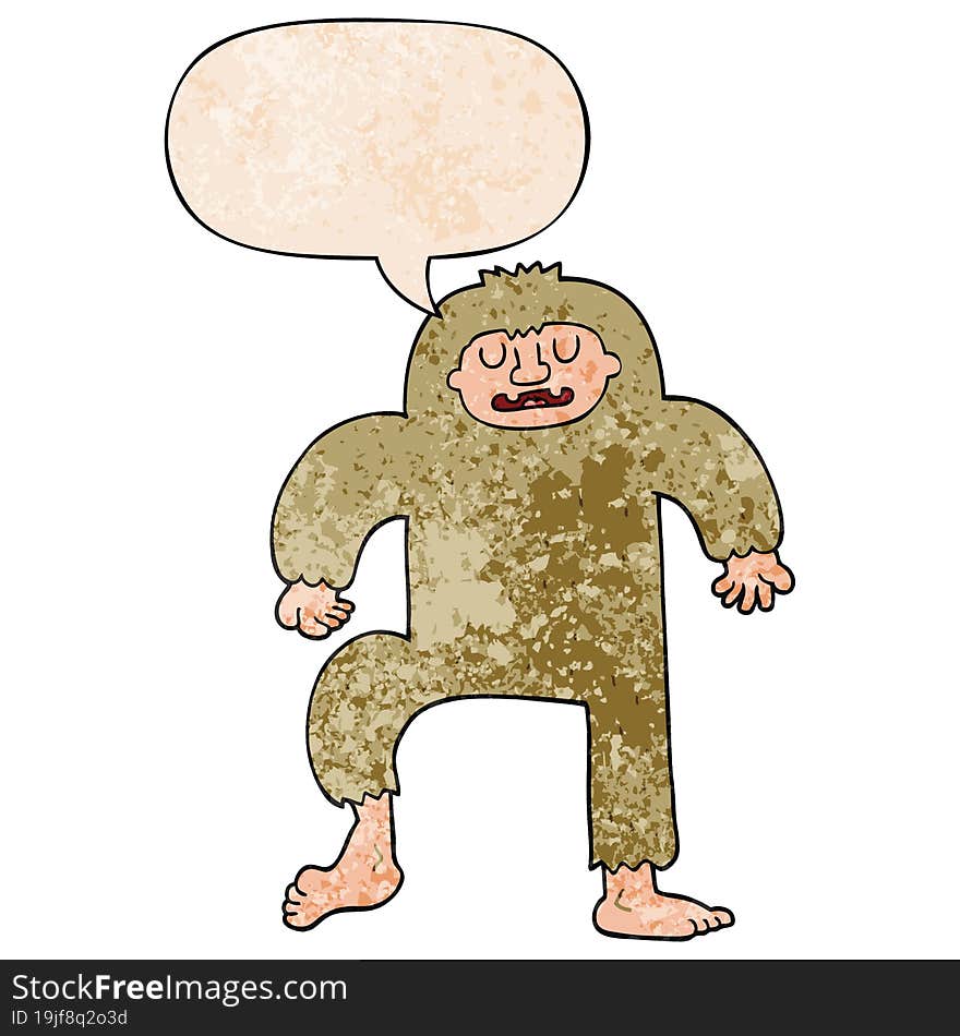 cartoon bigfoot and speech bubble in retro texture style