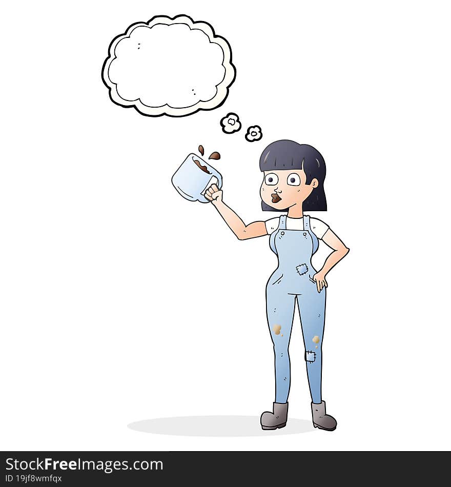 freehand drawn thought bubble cartoon female worker with coffee mug