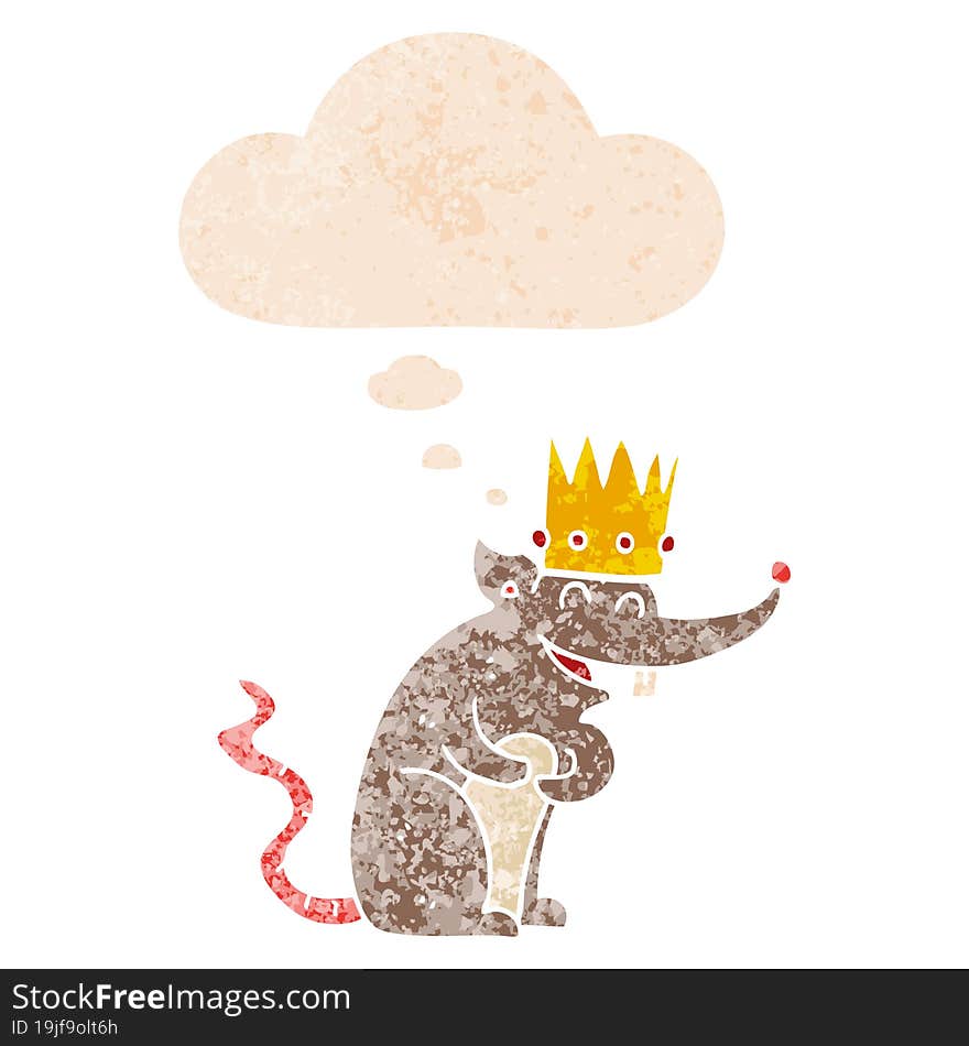 cartoon rat king laughing and thought bubble in retro textured style