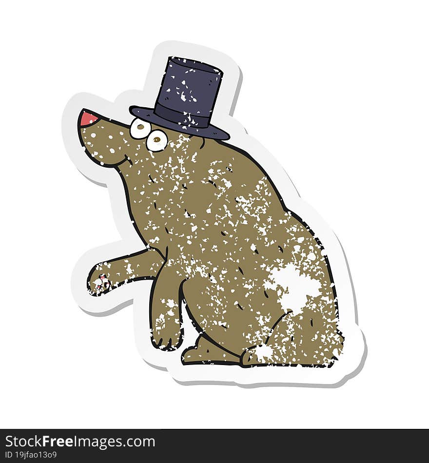 retro distressed sticker of a cartoon bear in top hat