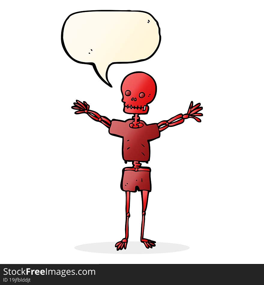 cartoon skeleton in clothes with speech bubble