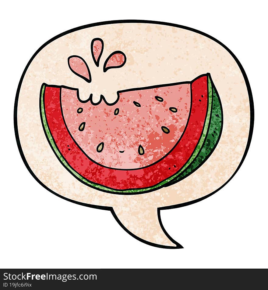 cartoon watermelon and speech bubble in retro texture style