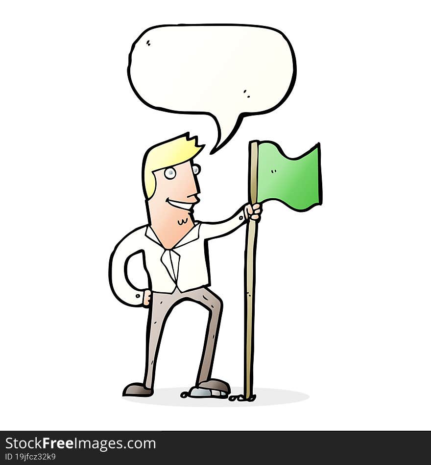 Cartoon Man Planting Flag With Speech Bubble