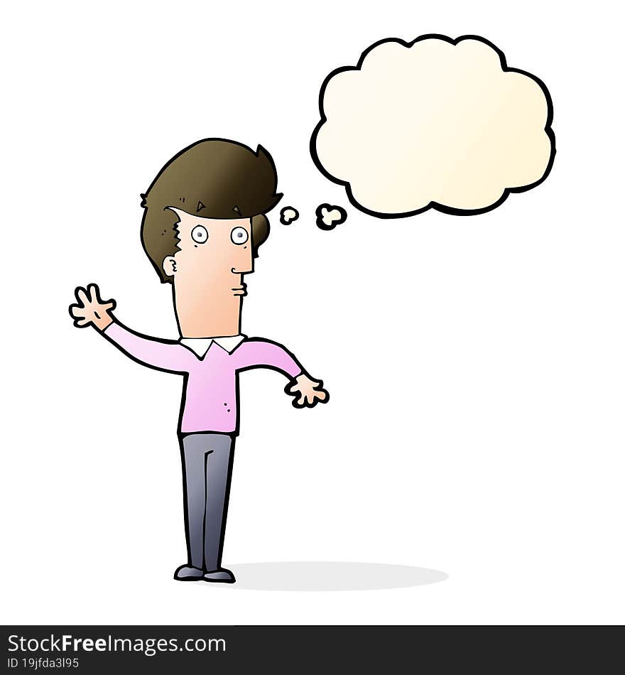 cartoon nervous man waving with thought bubble