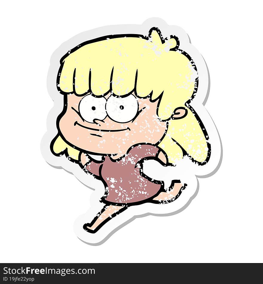 distressed sticker of a cartoon smiling woman