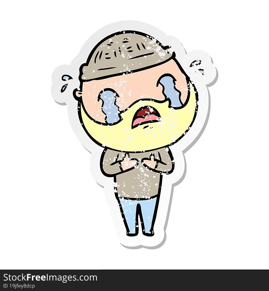 distressed sticker of a cartoon bearded man crying