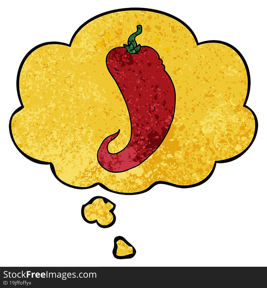 cartoon chili pepper and thought bubble in grunge texture pattern style