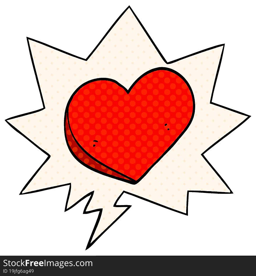 cartoon love heart and speech bubble in comic book style