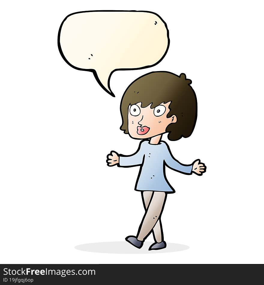 cartoon woman with open arms with speech bubble