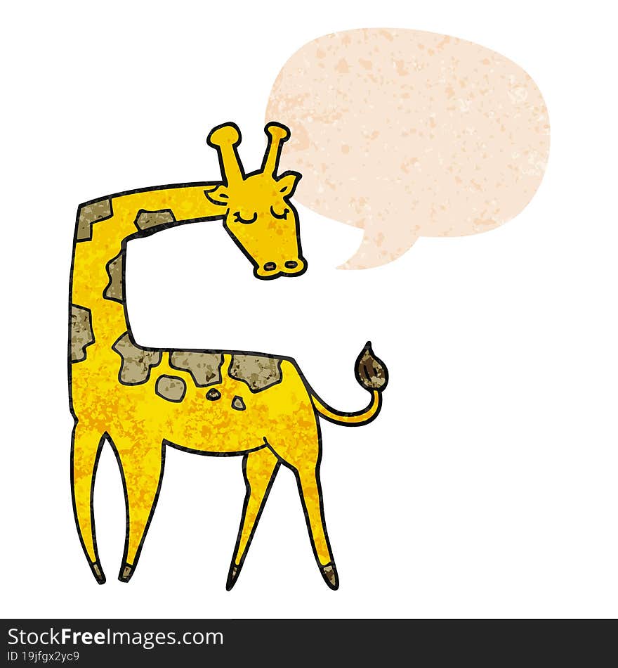 cartoon giraffe and speech bubble in retro textured style