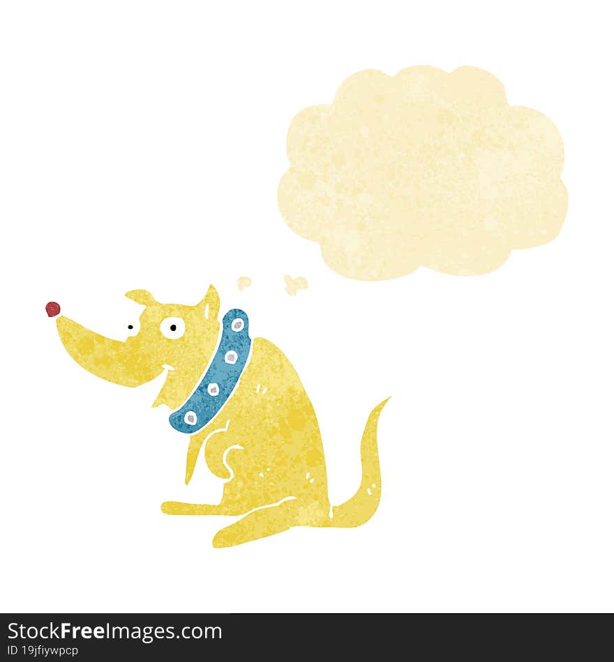 Cartoon Happy Dog In Big Collar With Thought Bubble