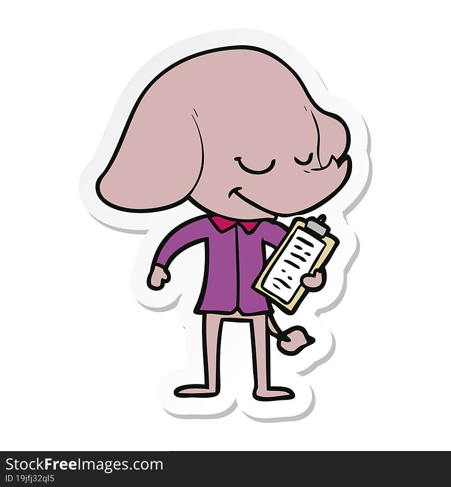 sticker of a cartoon smiling elephant with clipboard