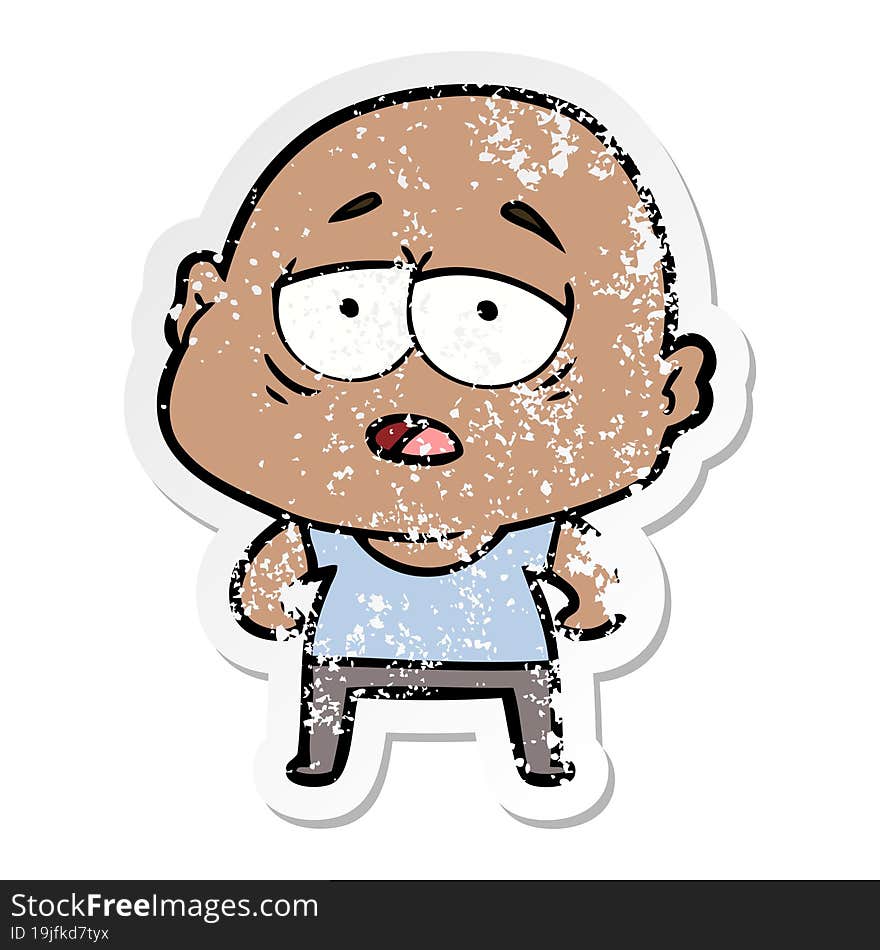 distressed sticker of a cartoon tired bald man