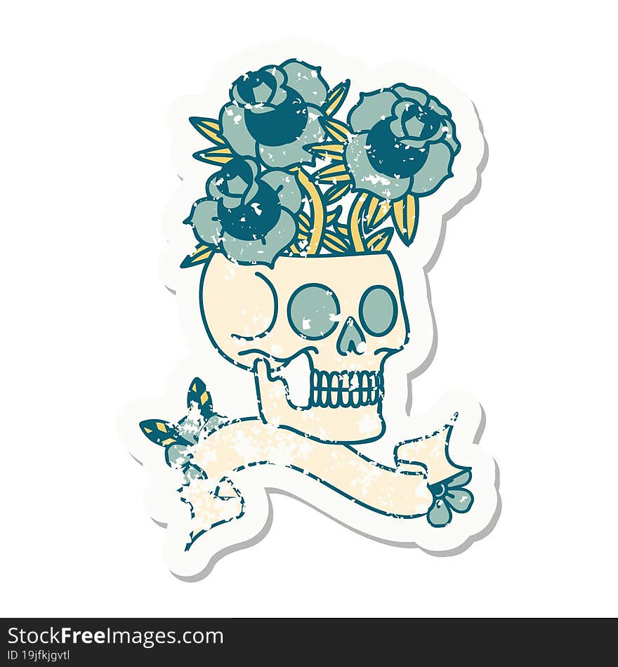 Grunge Sticker With Banner Of A Skull And Roses